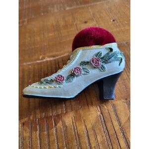 Victorian Style Ladies Shoe Pin Cushion Floral White Burgundy 2.5" Tall